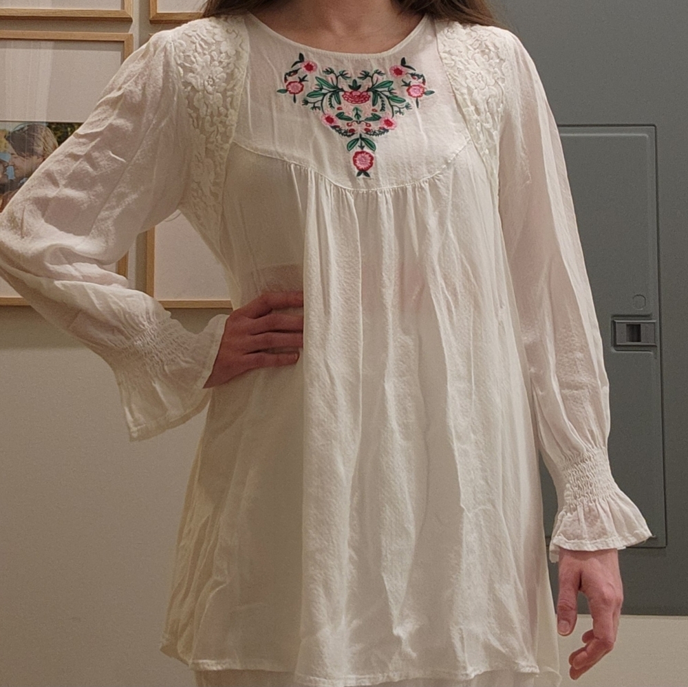 White Floral Embroidered Cottagecore Shirt With Lace Accents